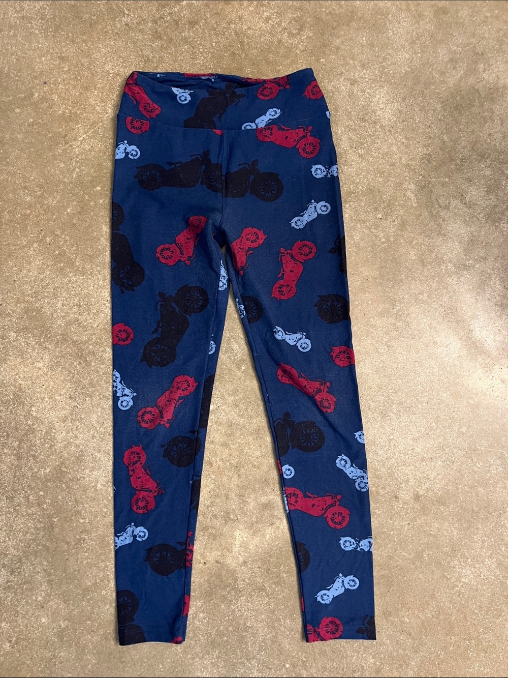 LuLaRoe Navy Leggings with Pink, Dark Blue & Light Blue Motorcycle Print